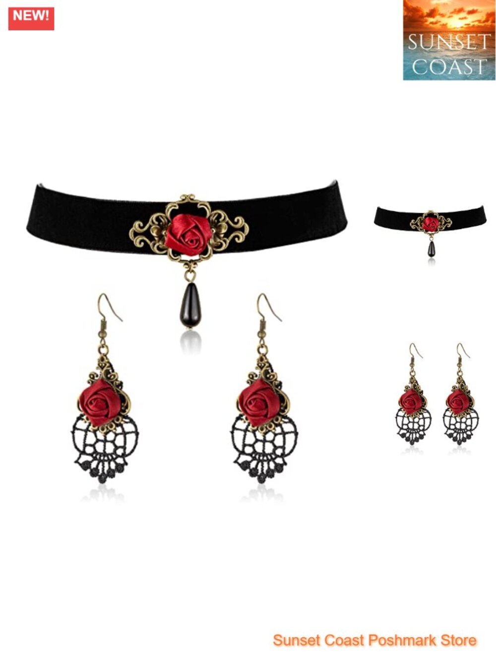 Gothic Choker Necklace Earrings Set Polish Alloy Plated Hypoallergenic